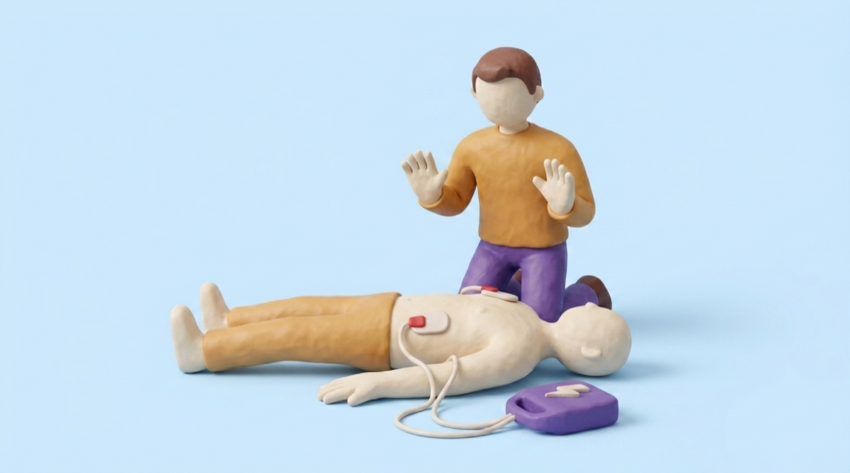 One pad below the right collarbone, the other below the left armpit — nobody touches during analysis
