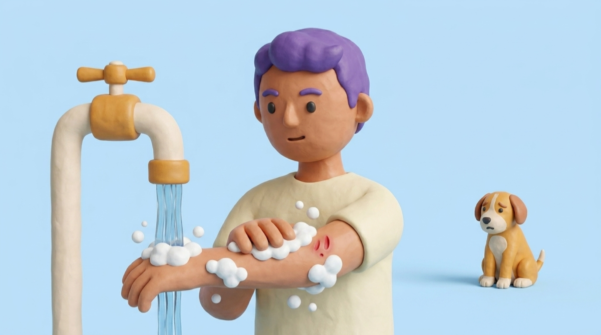 Soap and water for a full 10–15 minutes — long washing is half the rabies prevention