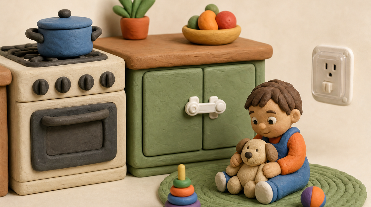 Pot handles inward, a locked cabinet, and an outlet cover — small habits that protect every day