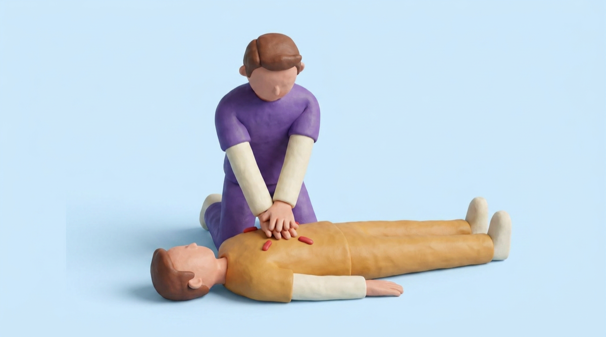 Arms straight, pressing with the heel of the hand in the center of the chest