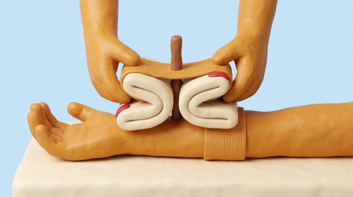 Pad and stabilise around the object, press around not on it — removal is the operating room's job