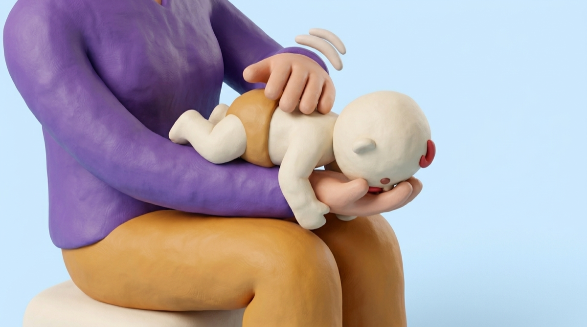 الرضيع على الساعد ووجهه للأسفل ورأسه أخفض من جسمه