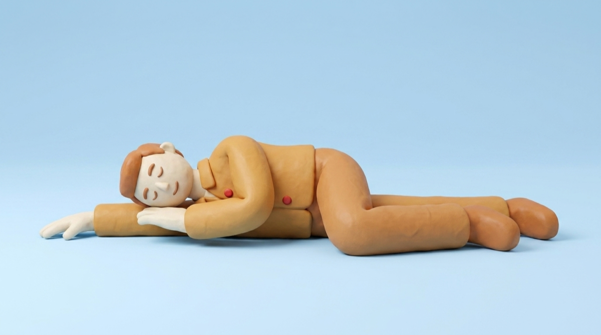 The correct recovery position: upper knee bent, head tilted slightly back