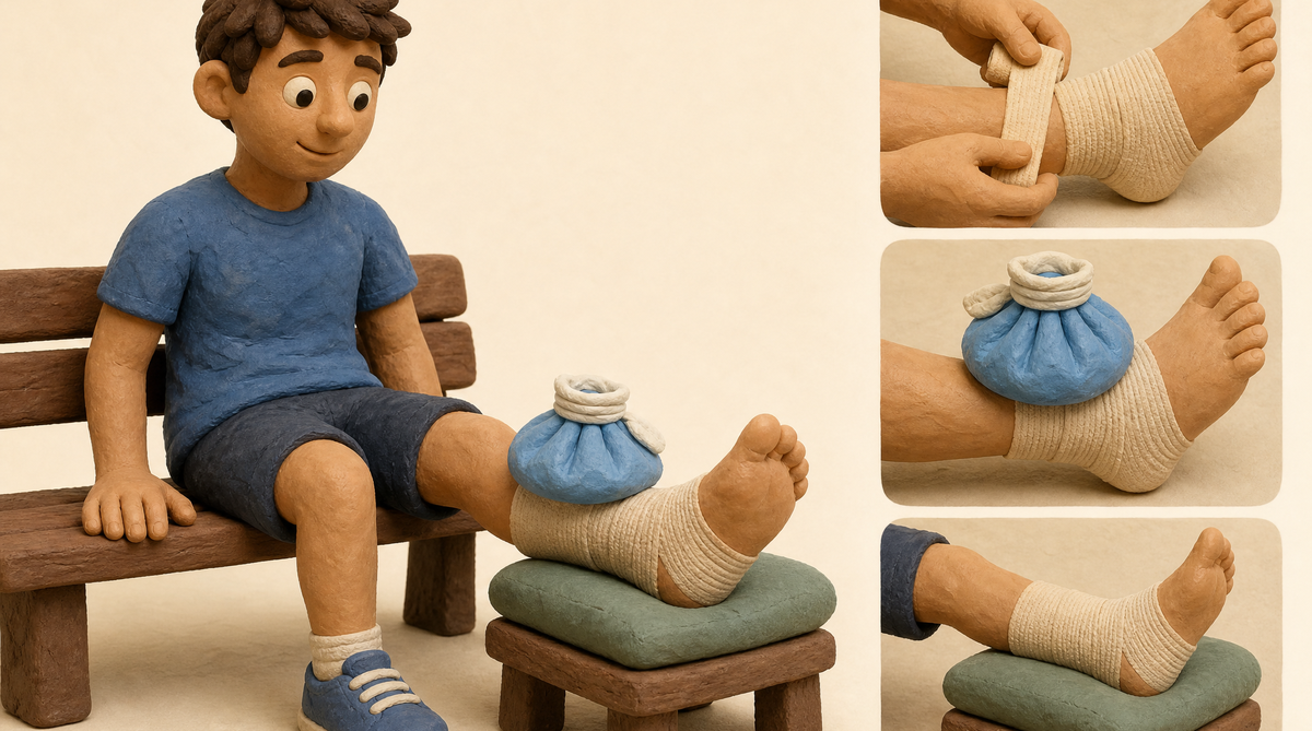 The R.I.C.E rule: rest, cloth-wrapped ice, a compression bandage, and elevation above heart level