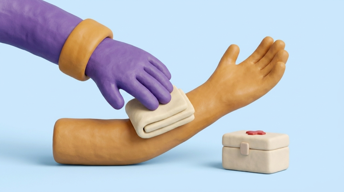 ضغط متواصل ١٠ دقائق ثم غسل غزير — والجرح «المتردد فيه» يراه طبيب اليوم